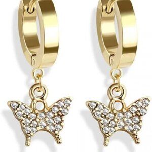 316L Stainless Steel CZ Crystal Butterfly Dangling Huggie Hoop Earrings Pair